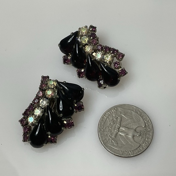 Vintage Purple & Clear Rhinestone Earrings Climber Clip On Silver Tone Statement - Picture 4 of 9